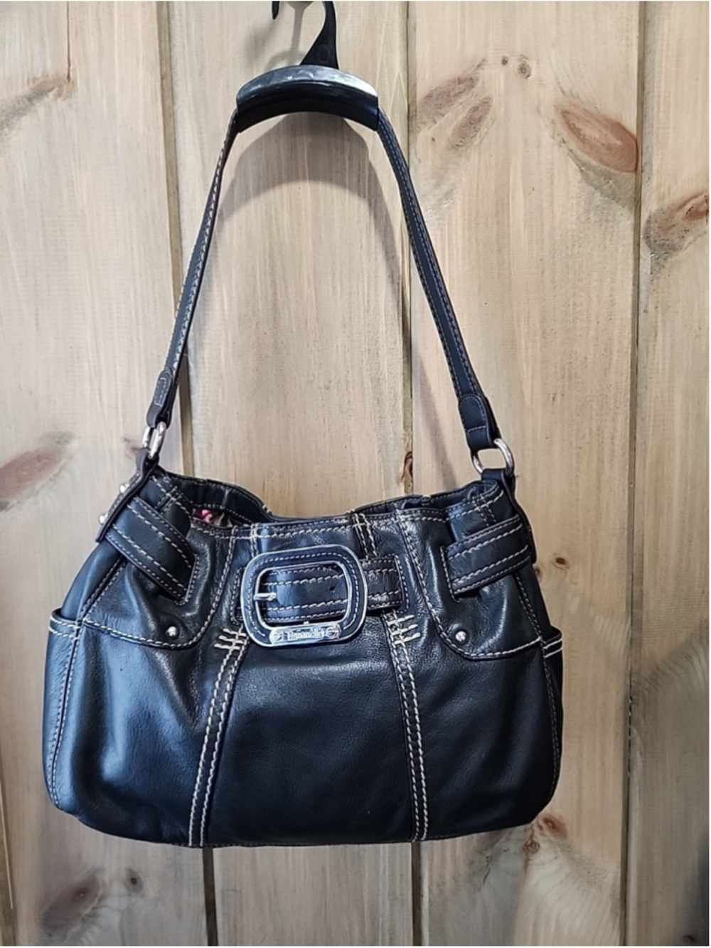 Tignanello Boho Shoulder Bag, EUC, Black With Khaki Stitching, Buckle